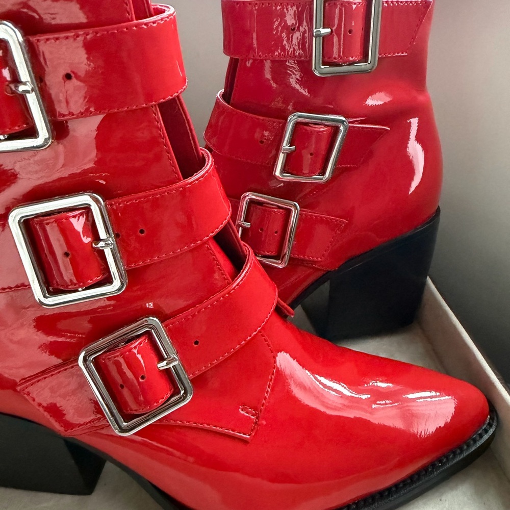 Django & Juliette Marzena Buckled Red Patent Leather Ankle Boots - Picture 3 of 16